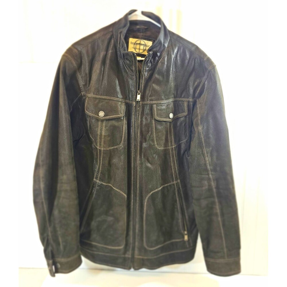 Boston Harbour Men's Black Leather Full Zip Stand-Up Collar Lined  Jacket L Tall